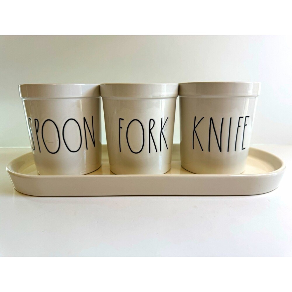 Rae Dunn Artisan Collection White Ceramic Utensil Holder Set, 4pc Cylinder